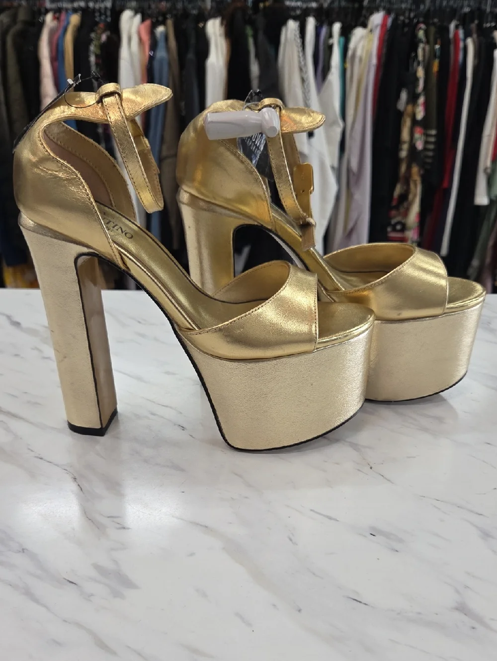 Valentino Metallic Gold Platform Ankle-Strap Sandals